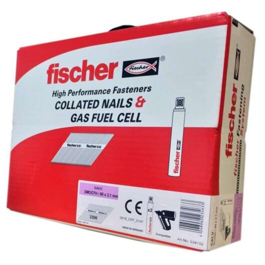 Fischer - 90mm Collated Smooth Shank Nails & 2 Gas Fuel Cells Galv (Box of 2200)